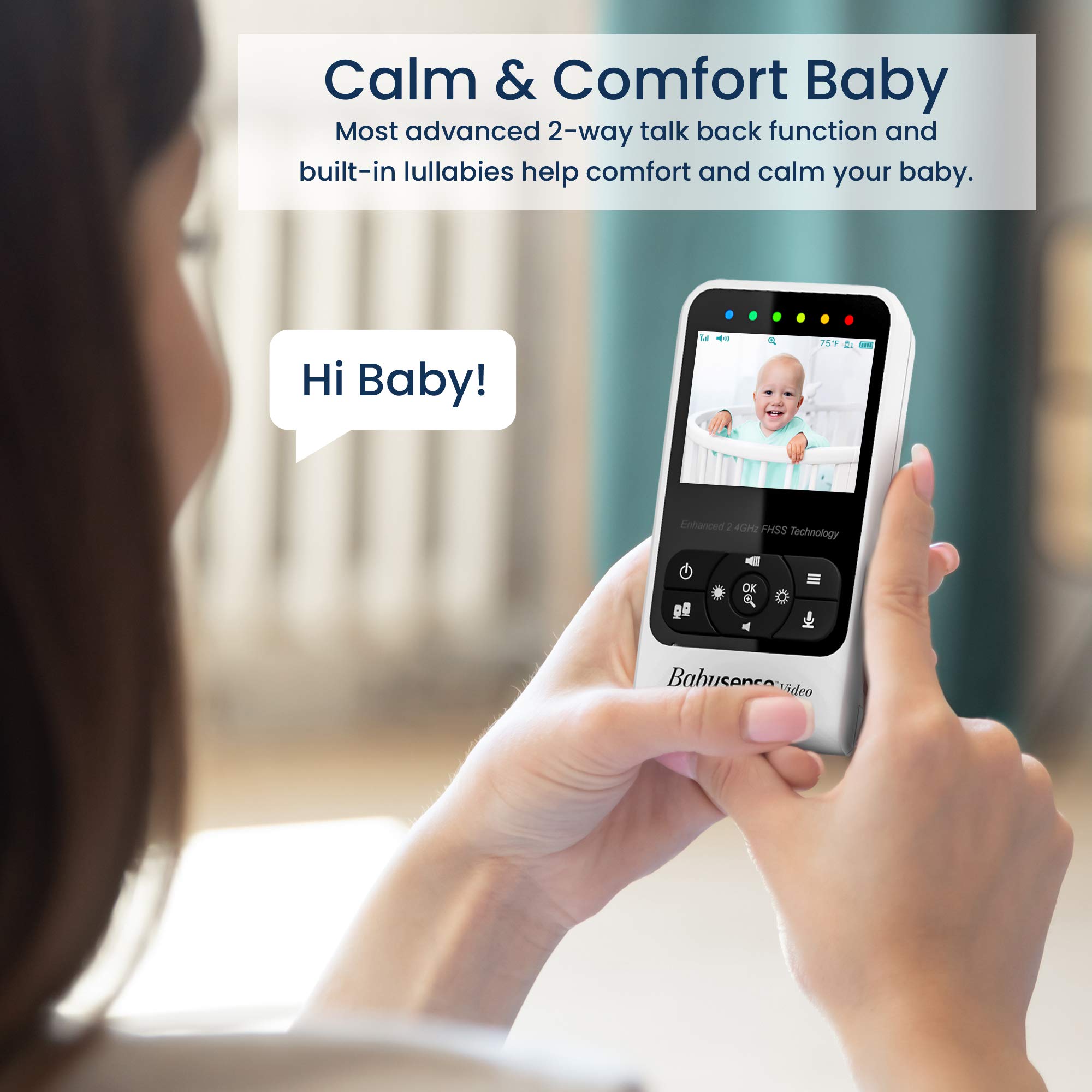 Babysense V24R lullabies-white-noise playback supports gentle bedtime routines.
