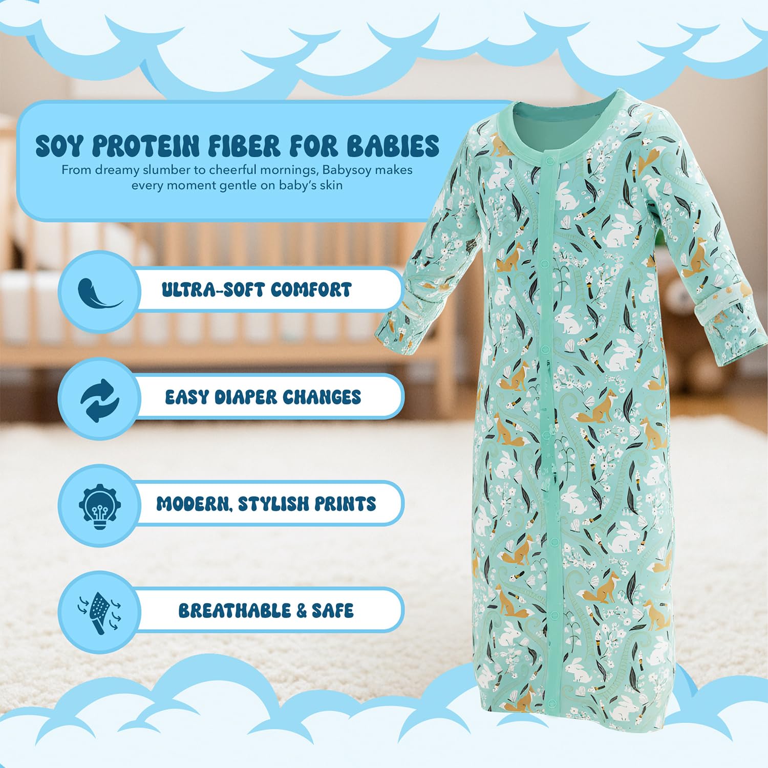 Babysoy open-bottom design facilitates quick diaper changes with minimal disturbance