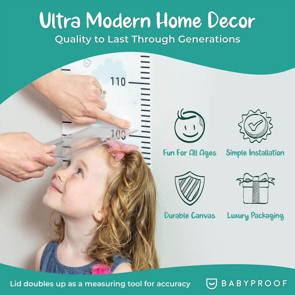 BabyProof Growth Chart in kid room displays pastel design and friendly sizing cues