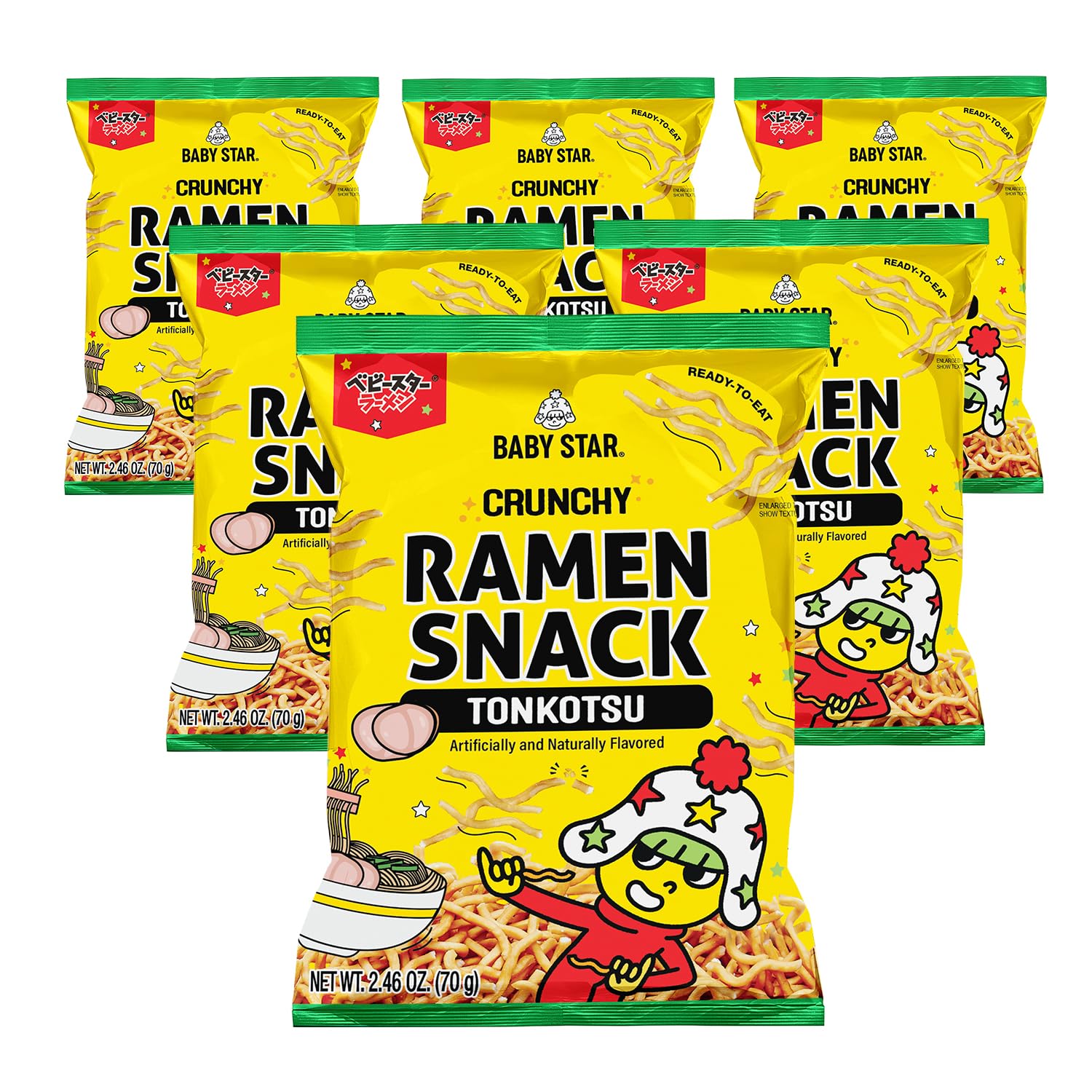 Baby Star Tonkotsu Crunchy Tiny Pack front view, portable on-the-go ramen snack.