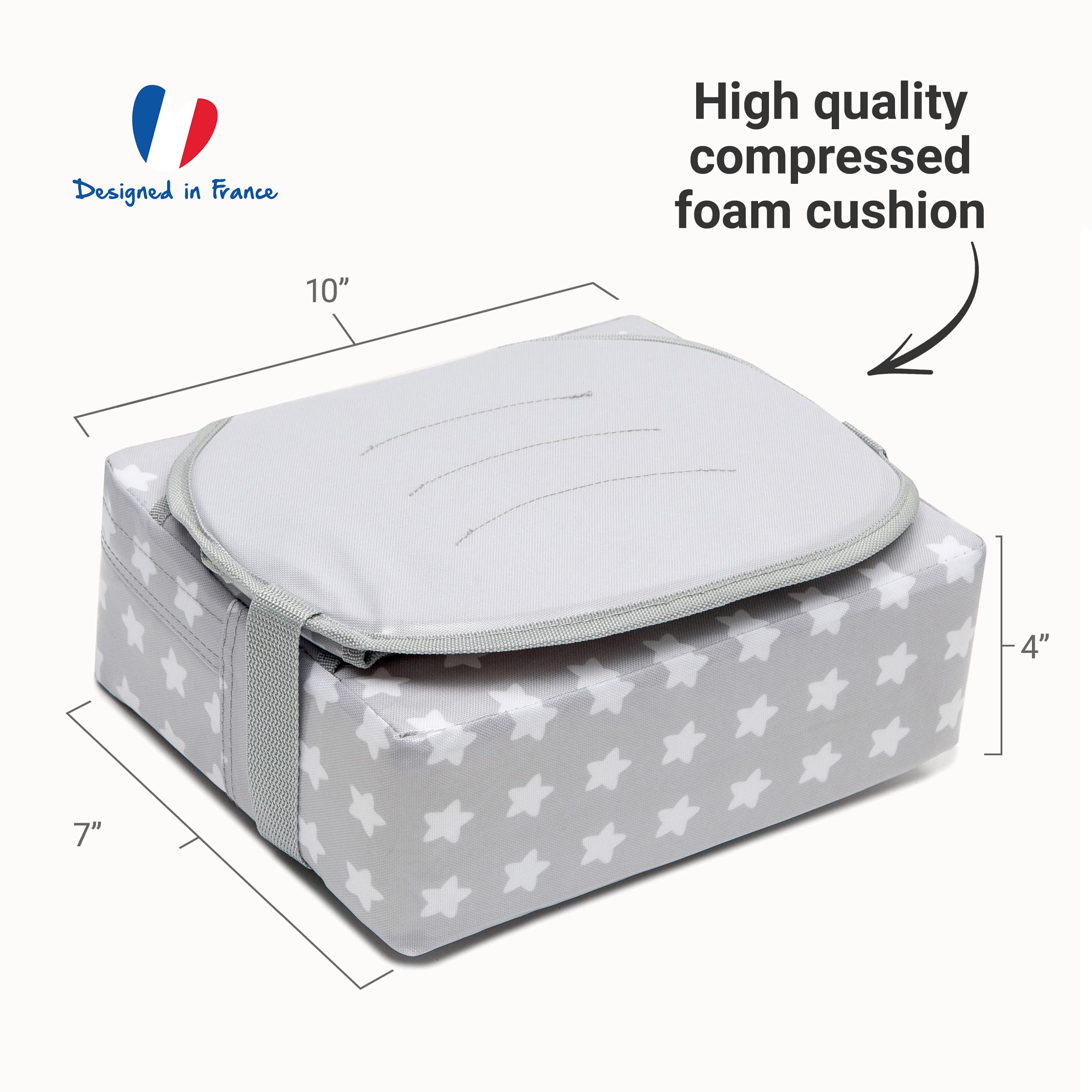 BabyToLove Easy Up booster seat in compact fold for travel.