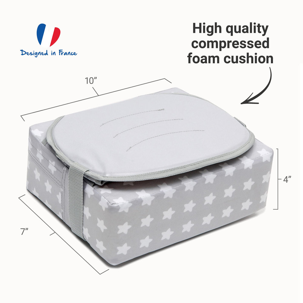 BabyToLove Easy Up booster seat in compact fold for travel.