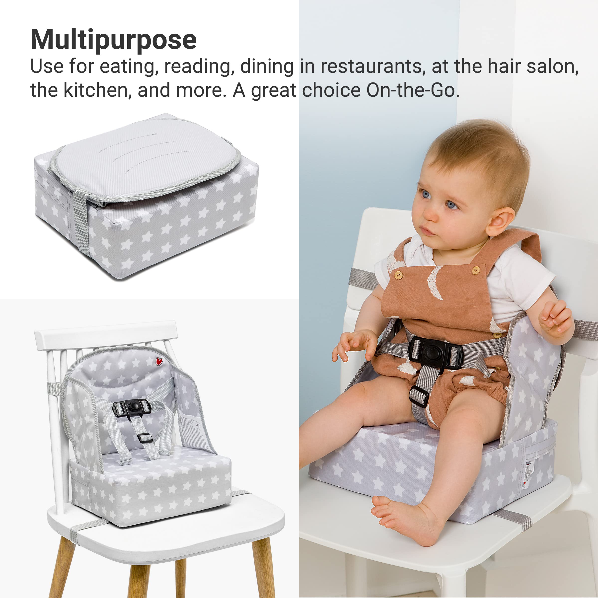 BabyToLove Easy Up booster seat with water‑resistant fabric for easy cleaning.