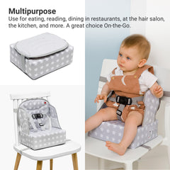 BabyToLove Easy Up booster seat with water‑resistant fabric for easy cleaning.
