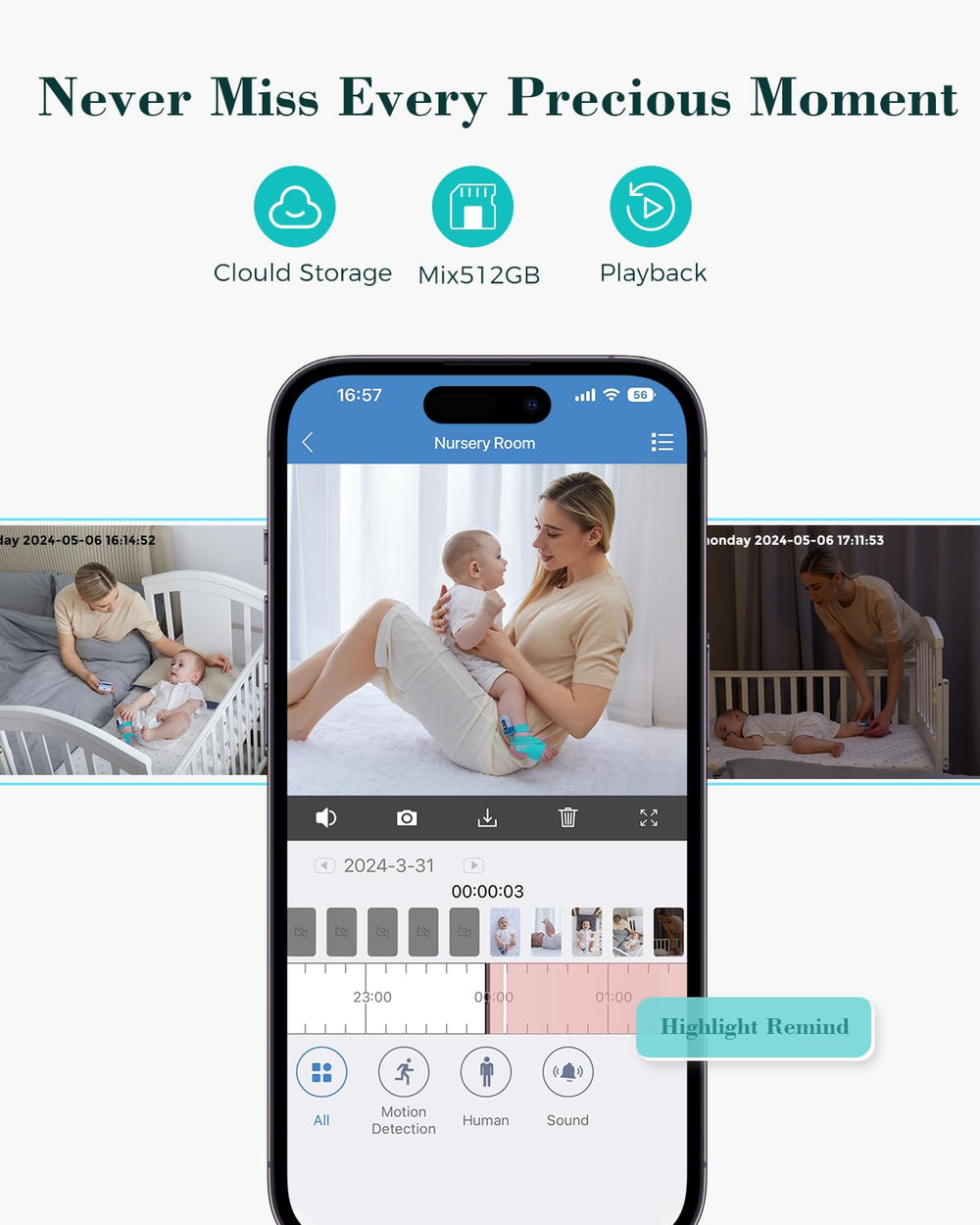 Babytone app saves sleep history and video playback.