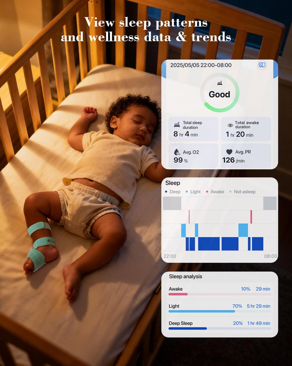 Babytone app interface shows alerts and daily sleep reports on phone screen.