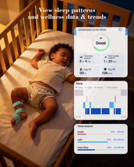 Babytone app interface shows alerts and daily sleep reports on phone screen.