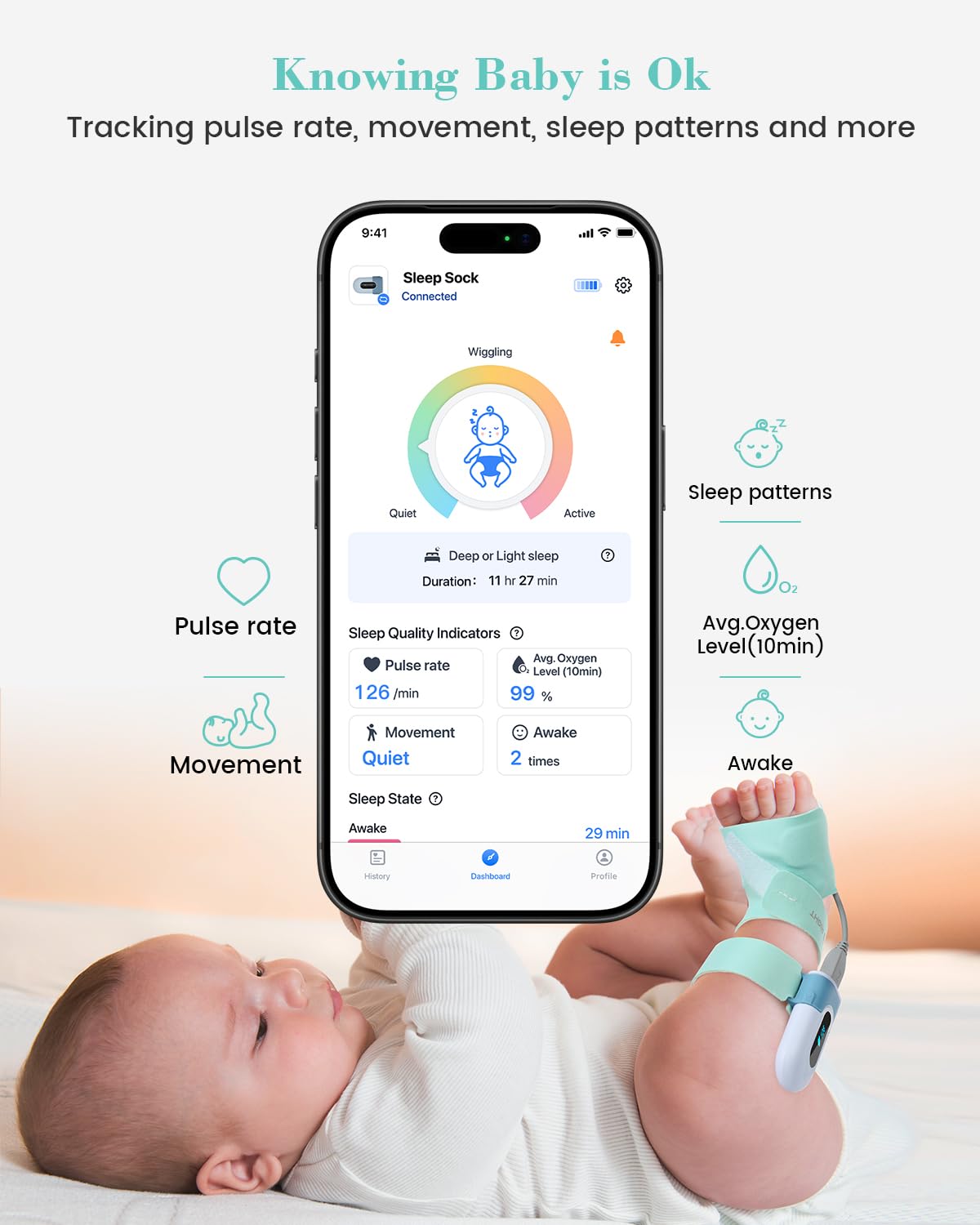 Babytone baby sock monitor movement tracking visualizes baby activity during night sleep.