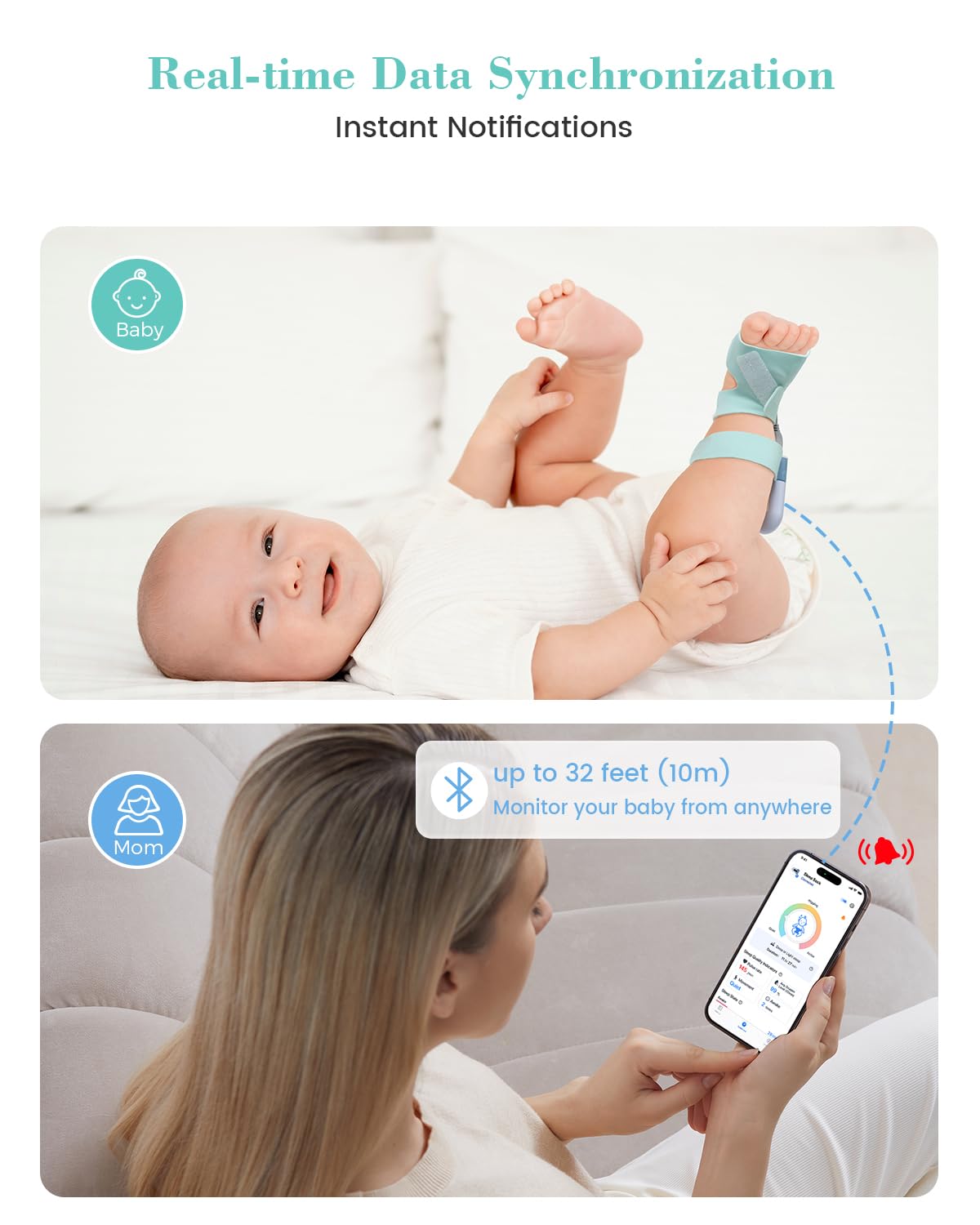 Babytone sock monitor sleep patterns image highlights deep and light sleep stages for parents.