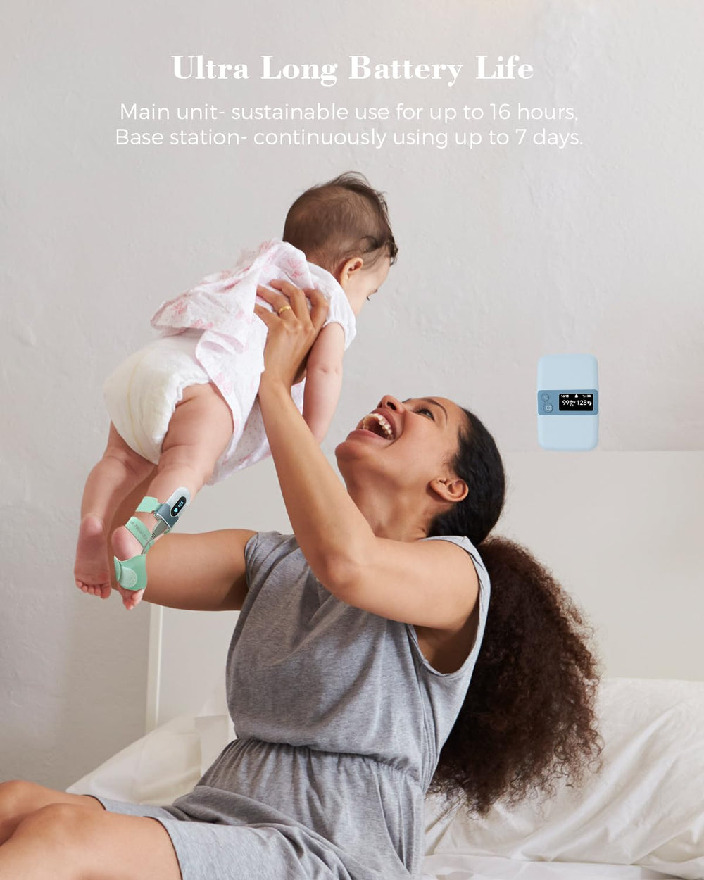 Babytone sensor battery lasts up to 16 hours for overnight checks.