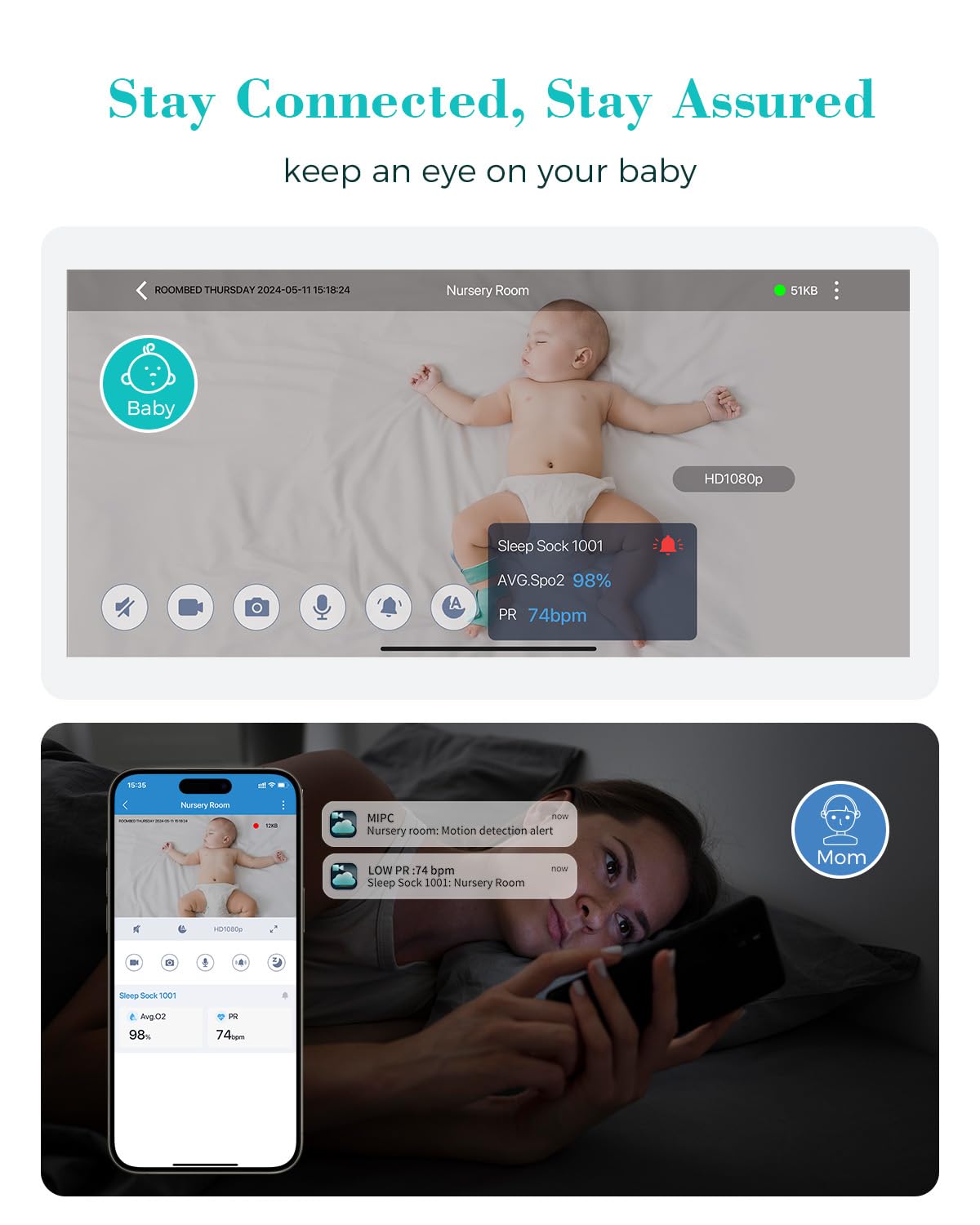 Babytone monitor pan-tilt with 8x zoom for clearer baby view.