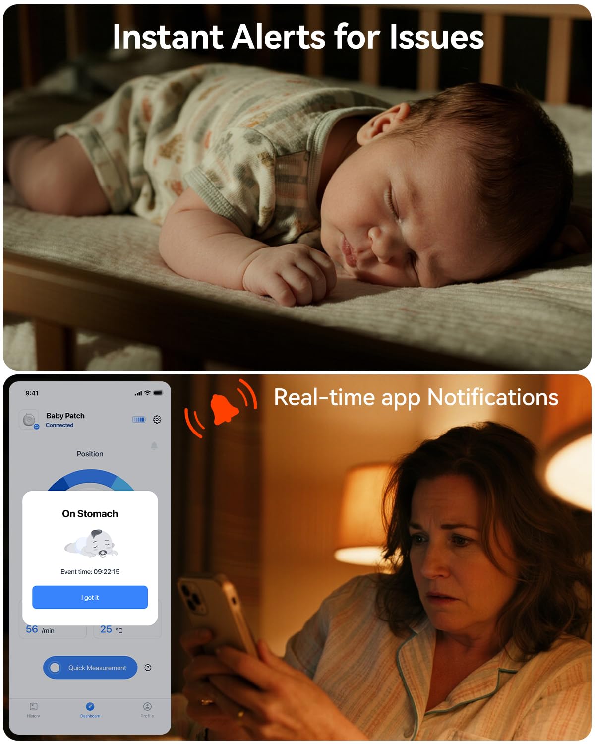 Babytone smart monitor temperature tracker display highlights ambient baby temperature trends