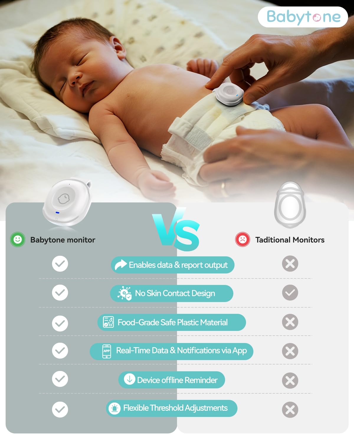 Babytone Vihealth app sleep data screen shows real-time readings and trends