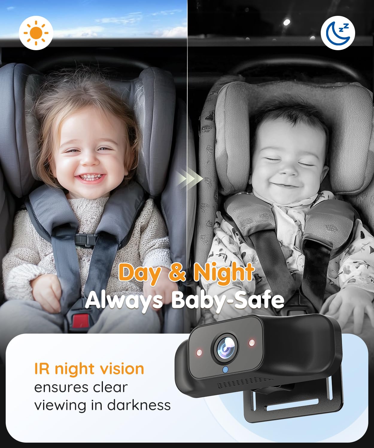 Babyvue BC1 auto IR night vision reveals your child in dim cabin light.