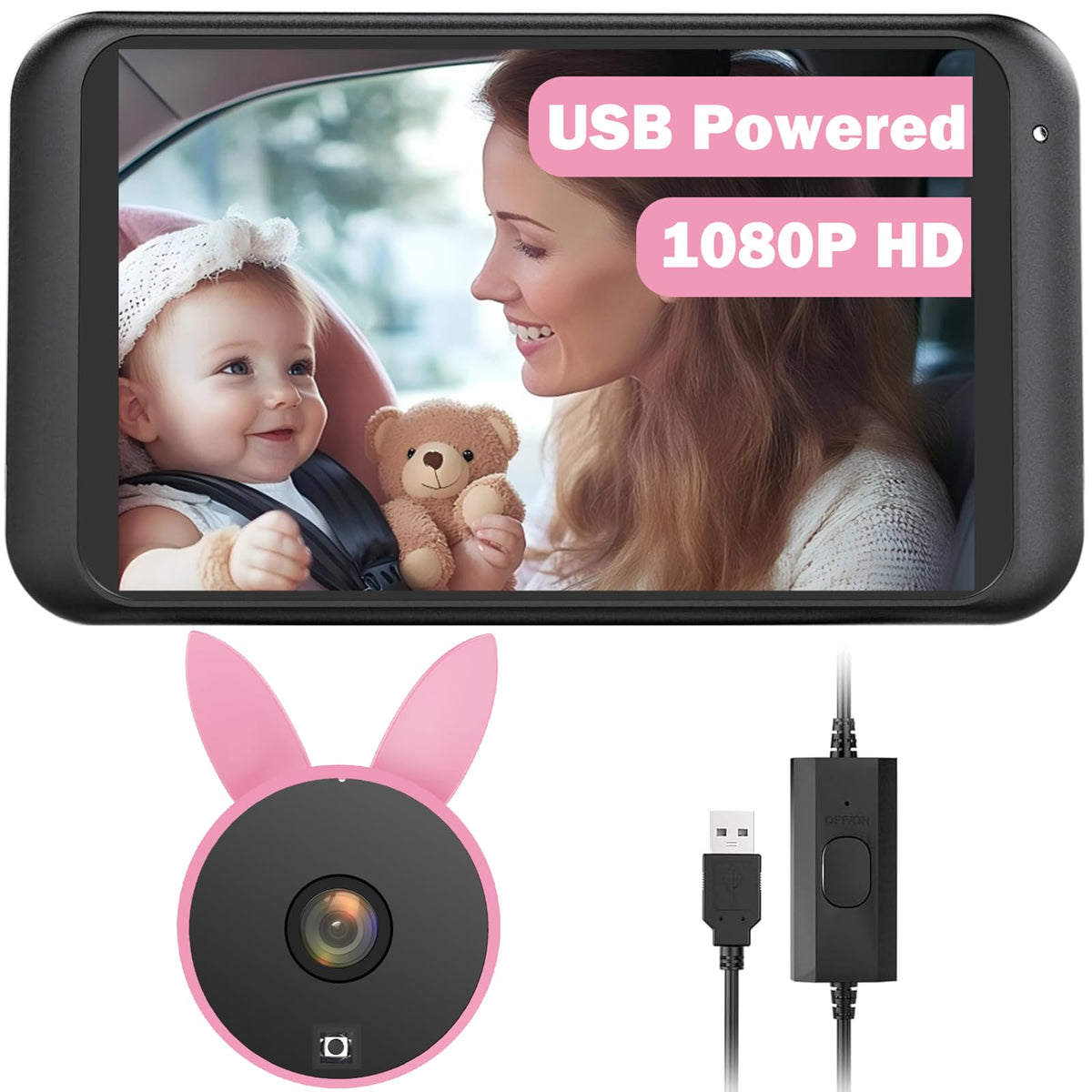 Babyvue BV2 camera setup on headrest for quick installation on the go.