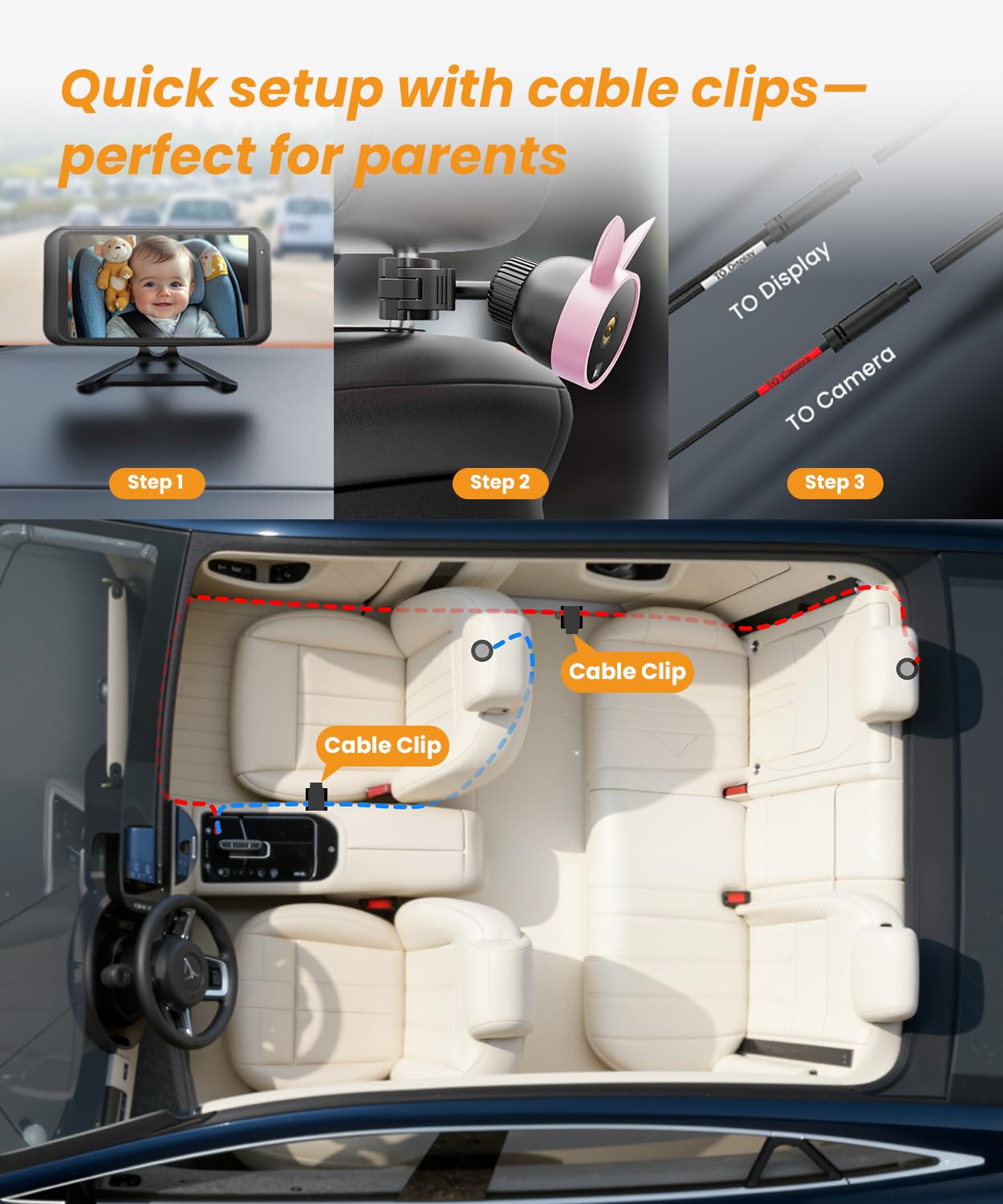 Babyvue BV2 headrest mount keeps the camera secure on bumpy roads.