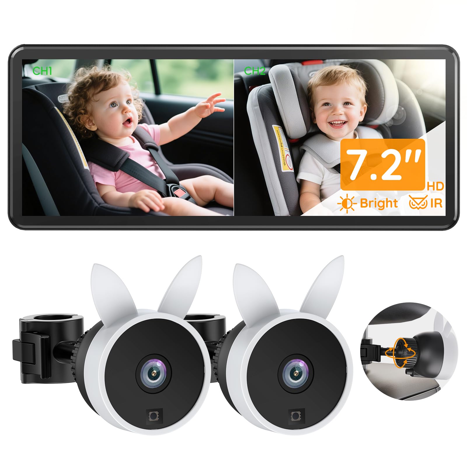 Babyvue BV3PRO dual camera view shows two feeds for two children during car travel