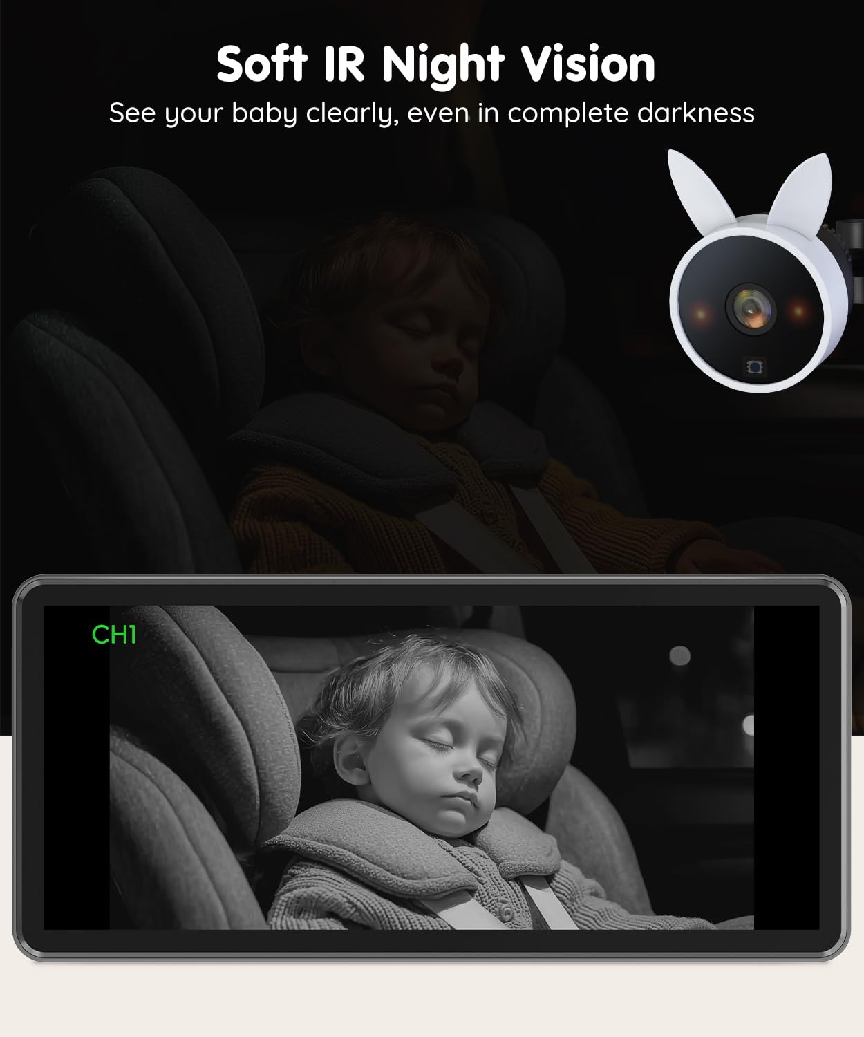 Babyvue BV3PRO IR night vision demonstrating back-seat visibility after dark