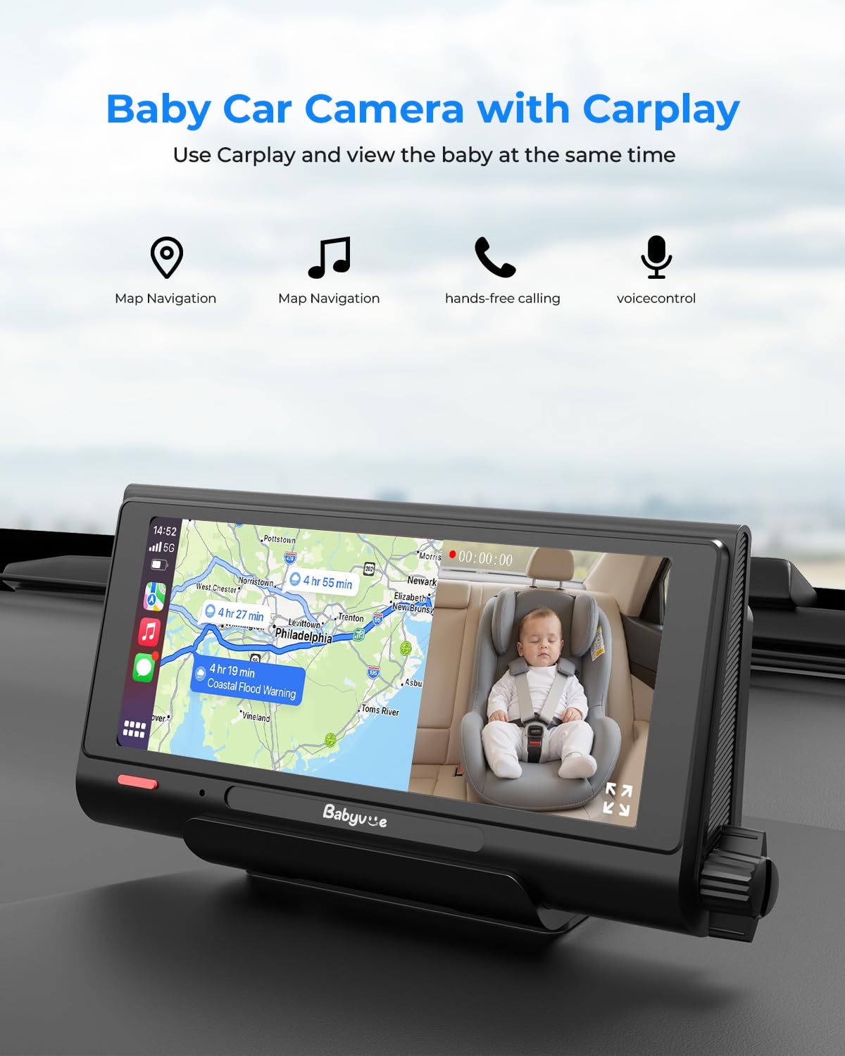 Babyvue BV7 carplay split-screen keeps navigation and baby view together for confident driving.