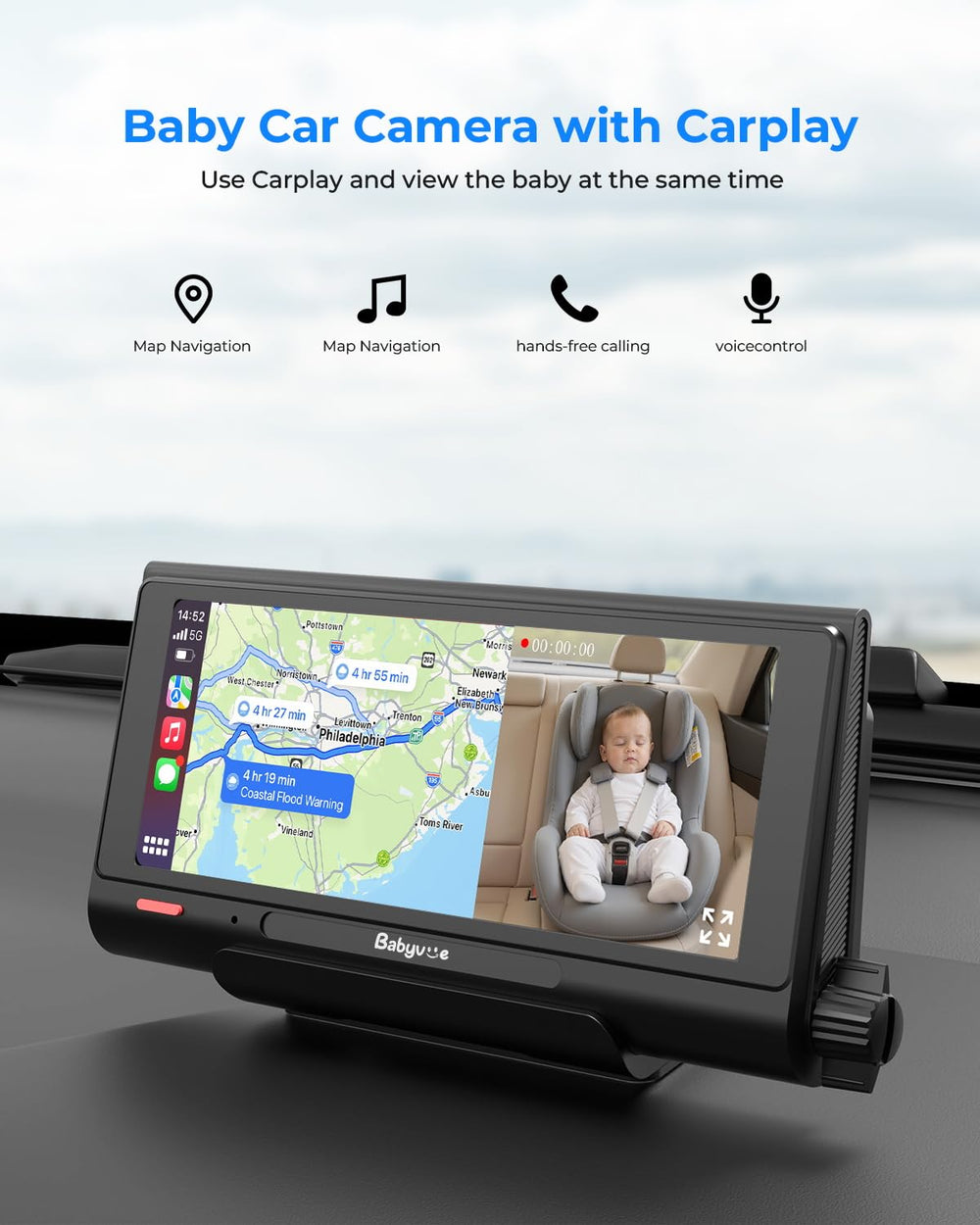 Babyvue BV7 carplay split-screen keeps navigation and baby view together for confident driving.