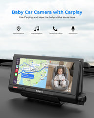 Babyvue BV7 carplay split-screen keeps navigation and baby view together for confident driving.