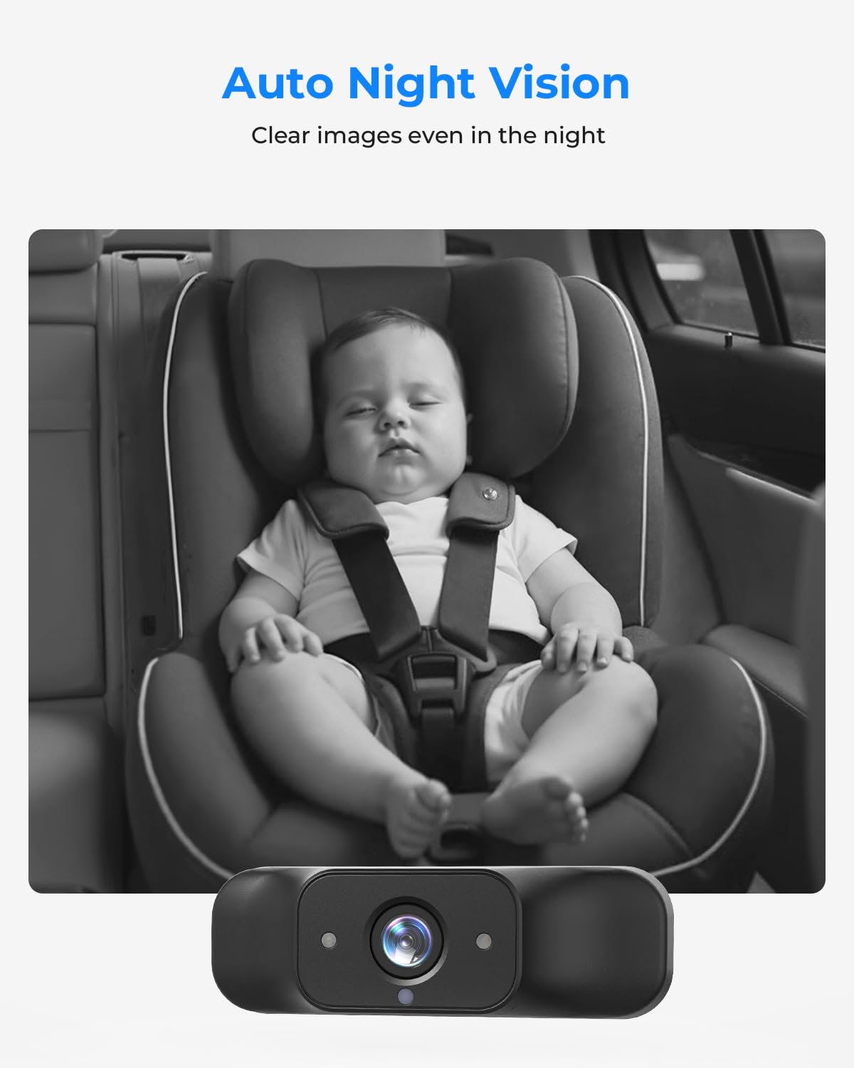 Babyvue BV7 IR night vision enables clear rear-seat view in low light conditions.