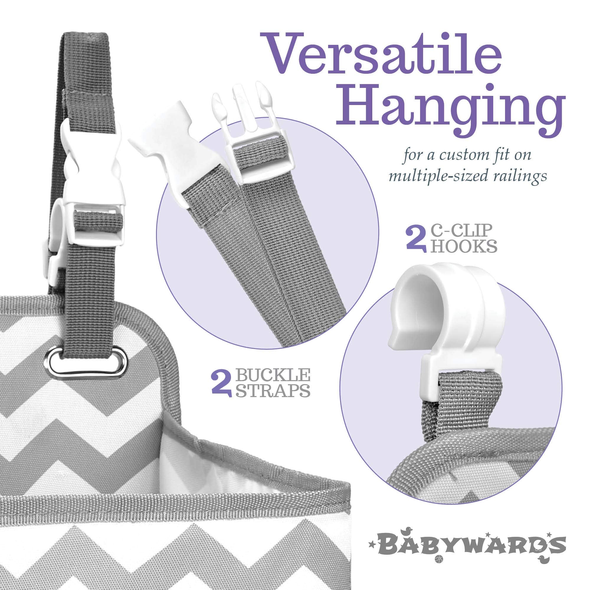 Babywards hanging diaper caddy BPA-free polyester construction ensures durable baby-safe storage