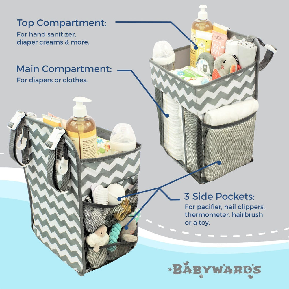 Babywards hanging diaper caddy durable hooks show sturdy mounting near crib or bassinet