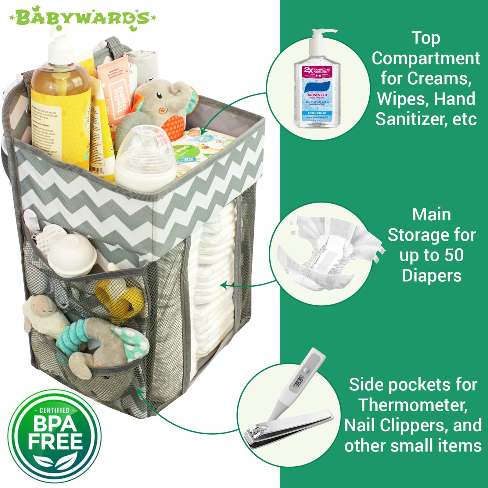 Babywards hanging diaper caddy installed on bassinet demonstrates hands-free organization