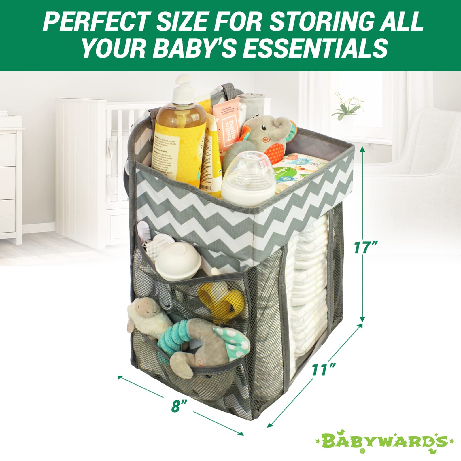Babywards hanging diaper caddy side pockets store wipes and bibs for quick access