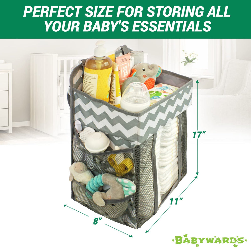 Babywards hanging diaper caddy side pockets store wipes and bibs for quick access