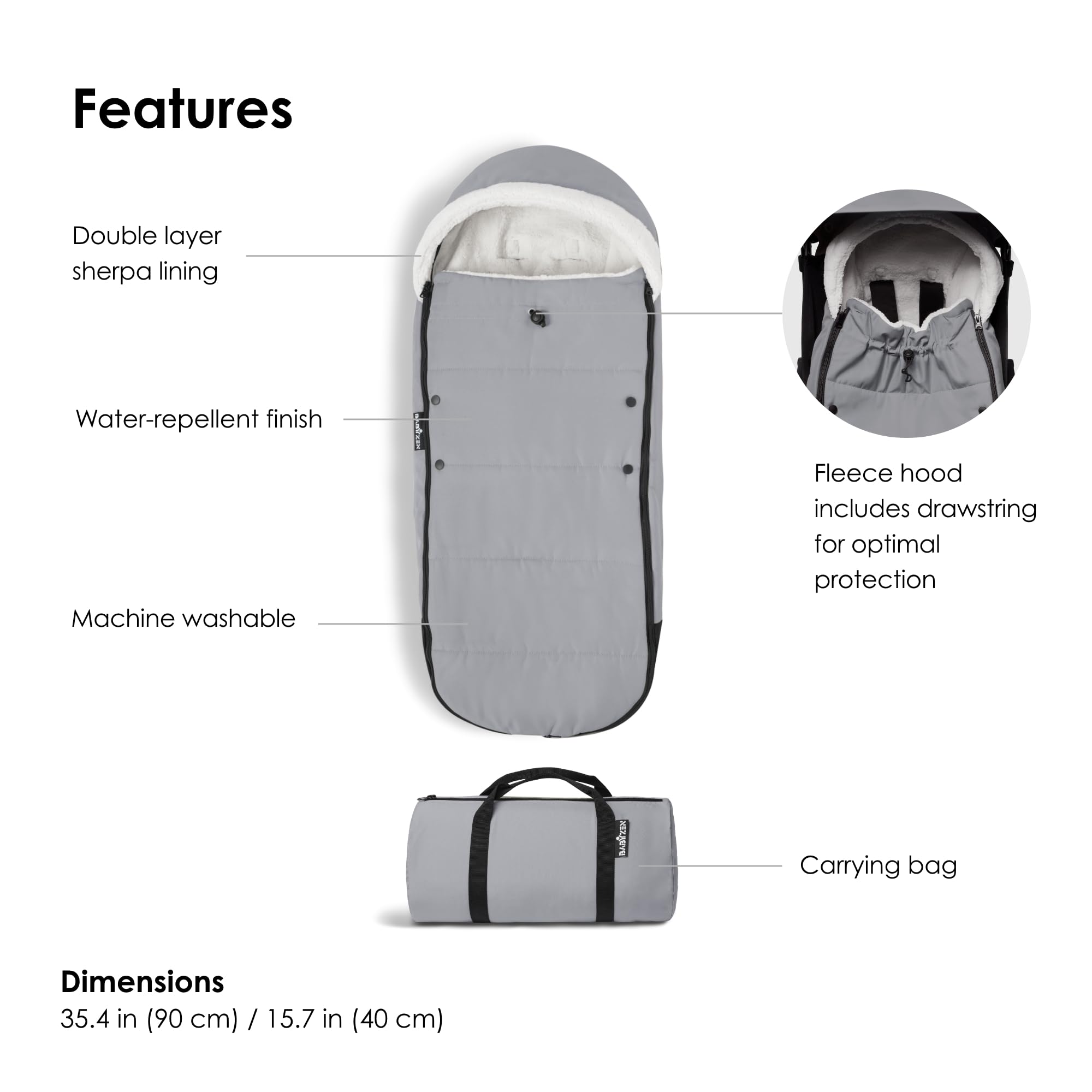 Carrying bag included with Babyzen YOYO Footmuff Stone for compact on-the-go storage.