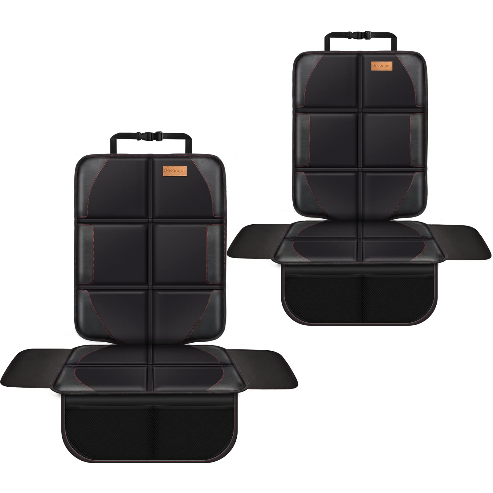 Bacgnyer car seat protector front view with thick padding protecting leather seats.