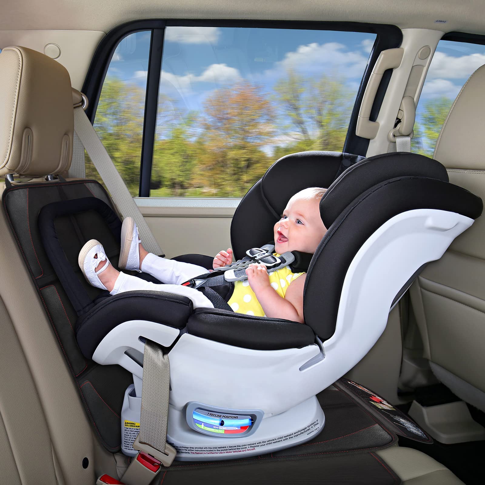 Bacgnyer car seat protector rear view demonstrates full-seat coverage.