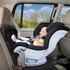 Bacgnyer car seat protector rear view demonstrates full-seat coverage.