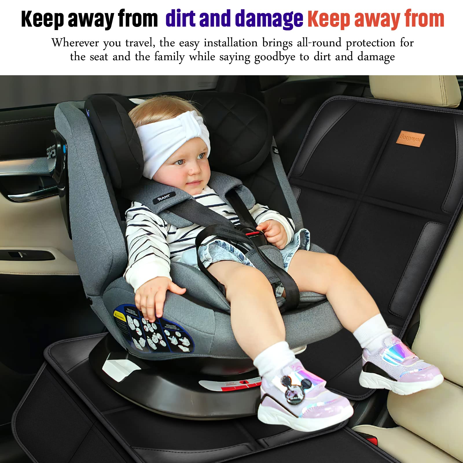 Bacgnyer car seat protector side view shows extended edge protection and spill resistance.