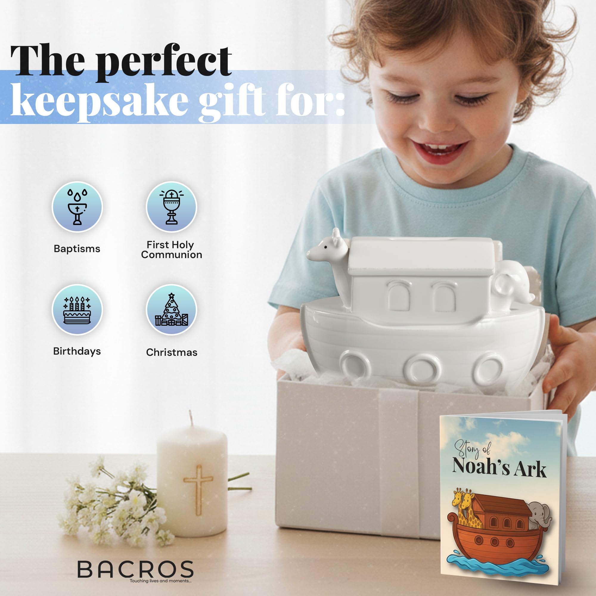 BACROS Noah’s Ark Bank gift-ready packaging for christening or baby gift.