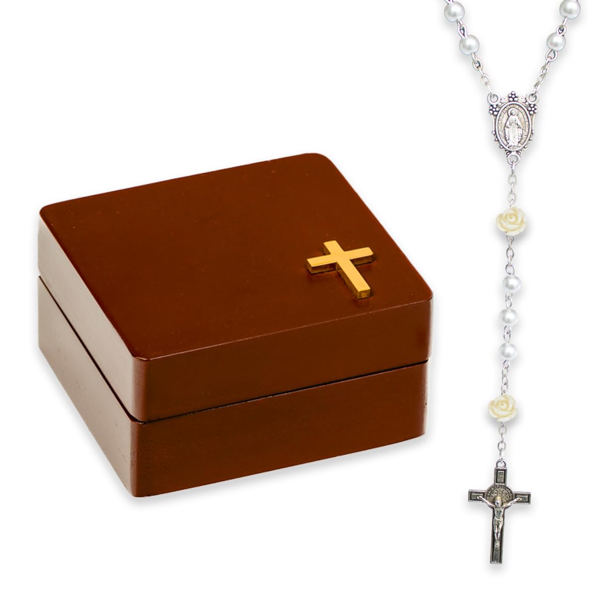 BACROS rosary kit cover showcases a velvet-lined keepsake box for elegant baptism gifting.