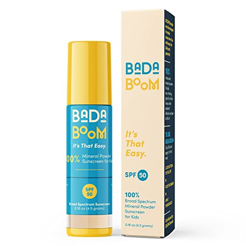 Bada Boom sunscreen powder application on kids enables gentle protection.