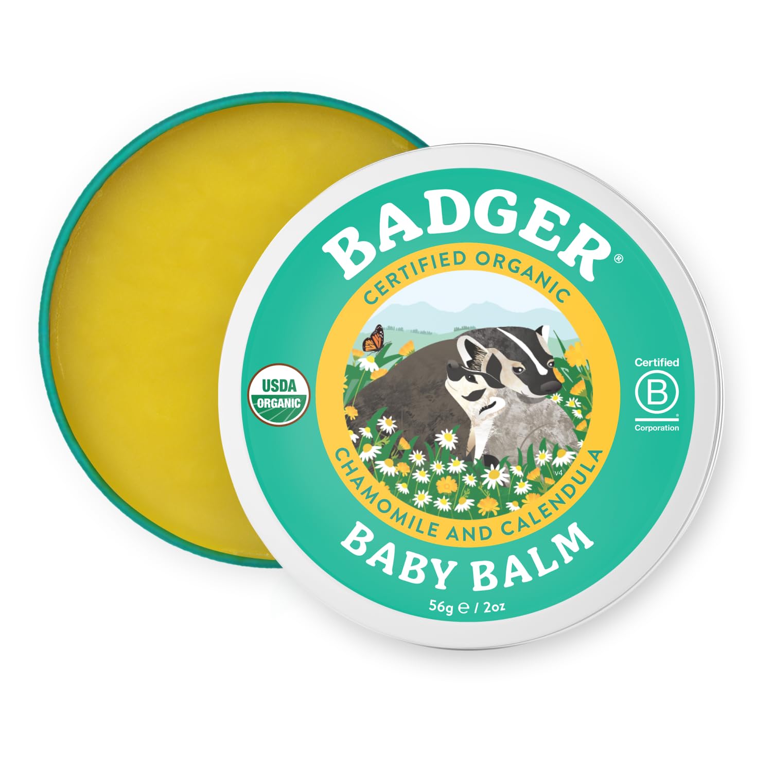 Badger Baby Balm calendula jar closeup showing gentle organic formula for baby's skin