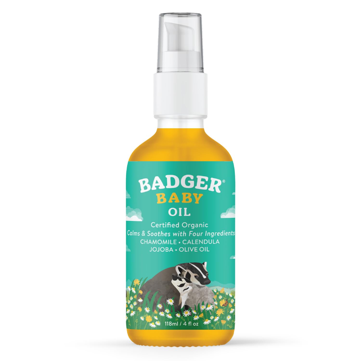 Badger baby oil full bottle highlights a simple organic formula for gentle skin care.