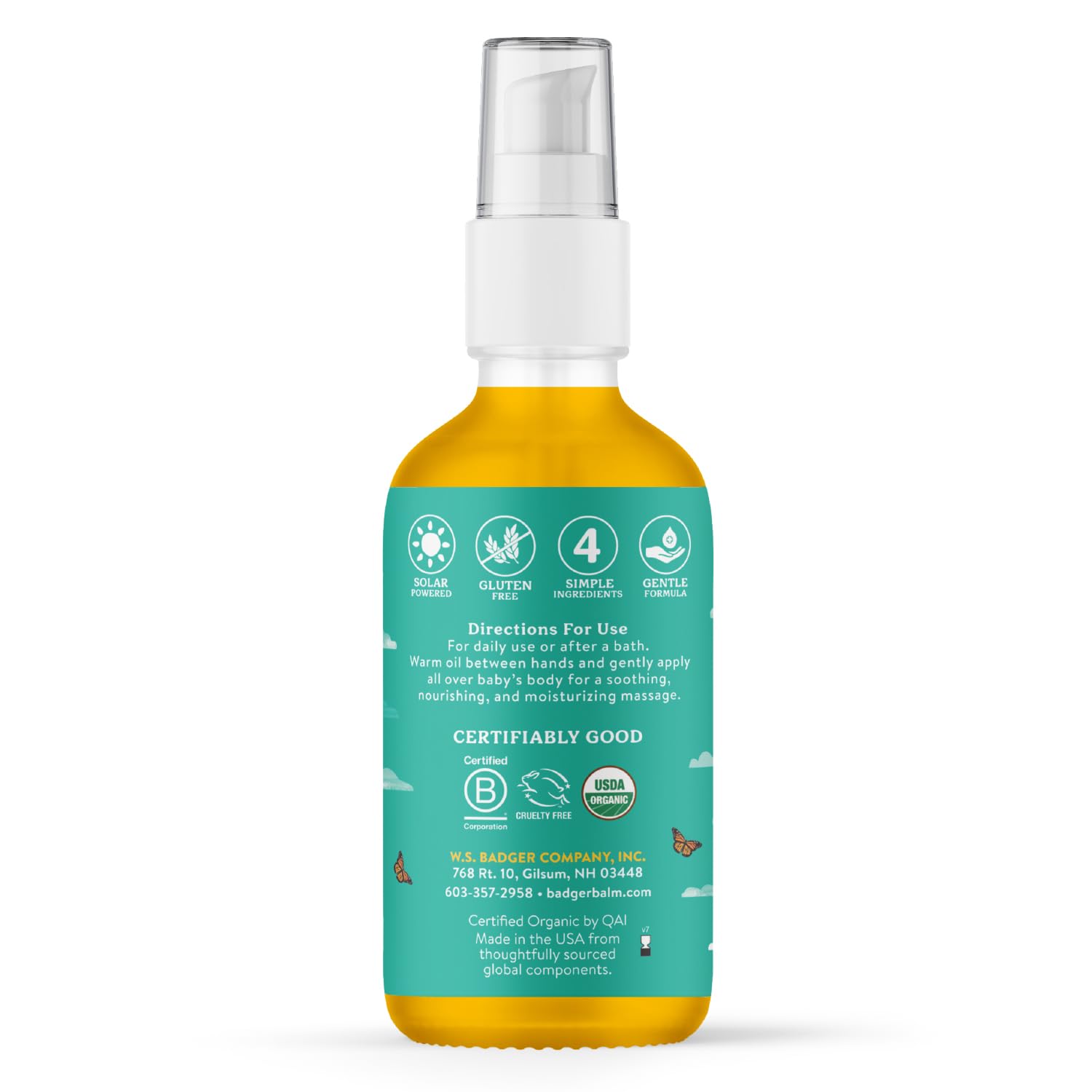 Badger baby oil ingredients highlight olive and jojoba oils for nourishing moisture.