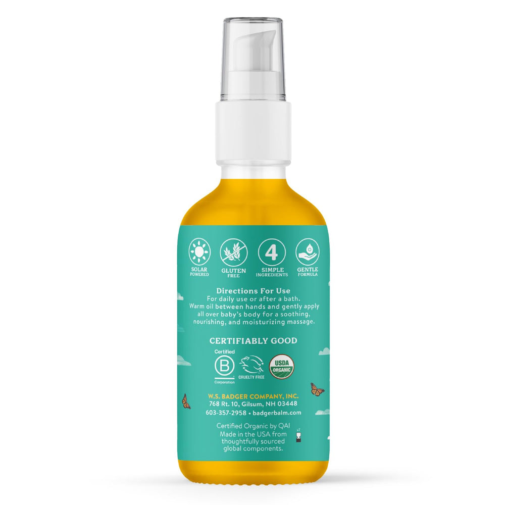Badger baby oil ingredients highlight olive and jojoba oils for nourishing moisture.