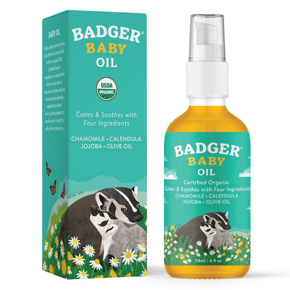 Badger baby oil pour captures easy application for organic baby care.