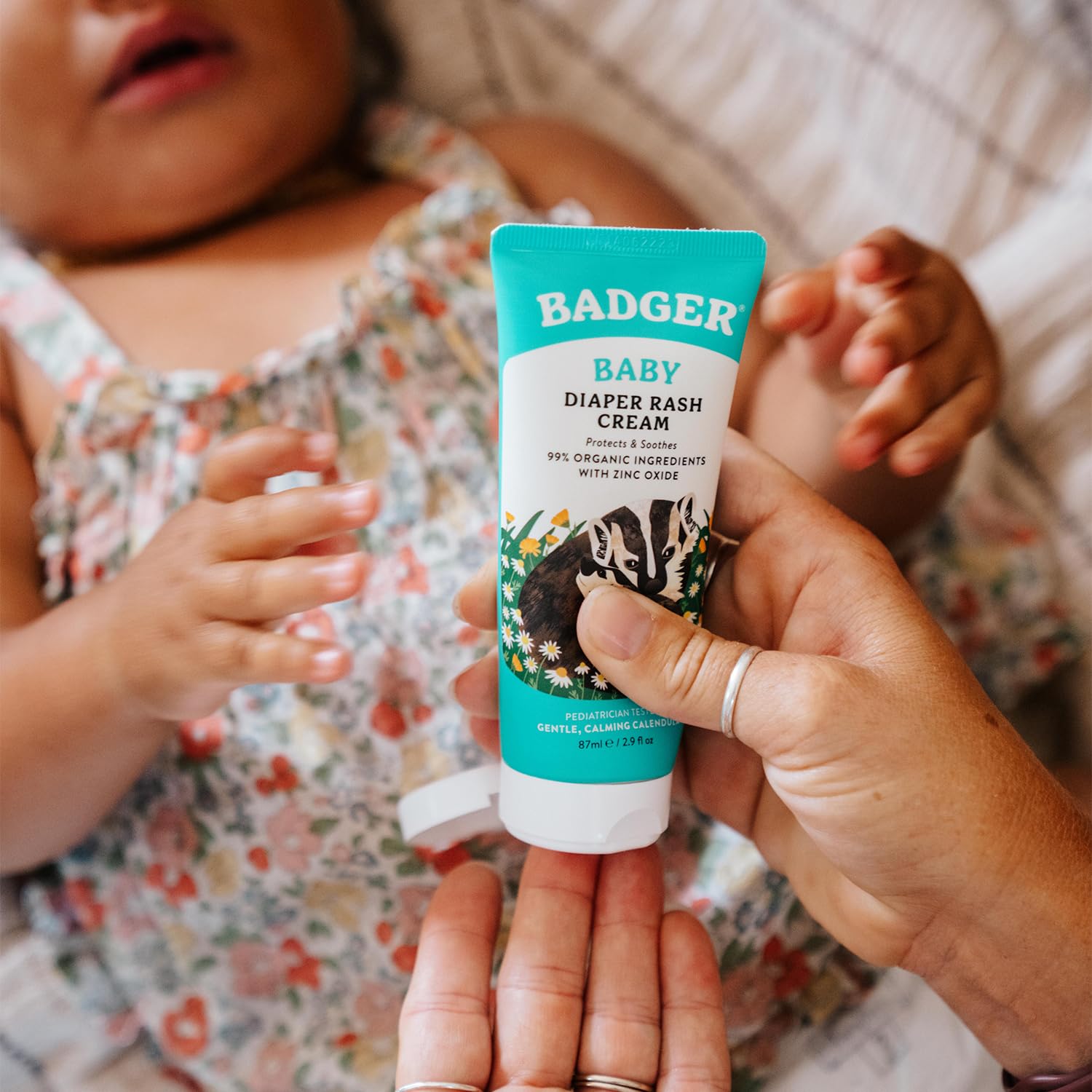 Badger Diaper Cream ingredients chart highlights zinc oxide, calendula, and oils