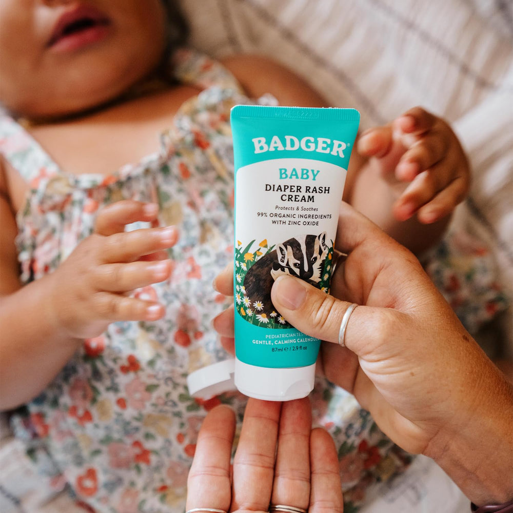 Badger Diaper Cream ingredients chart highlights zinc oxide, calendula, and oils
