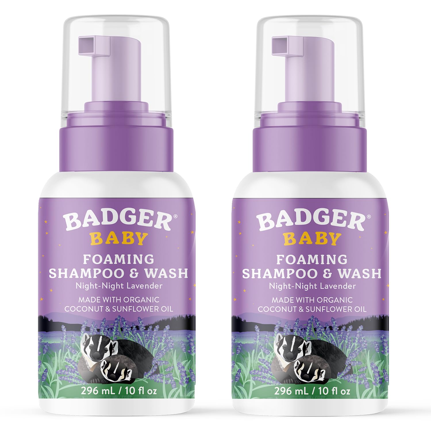 Badger foaming baby shampoo bottle with pump for easy bath-time cleansing.