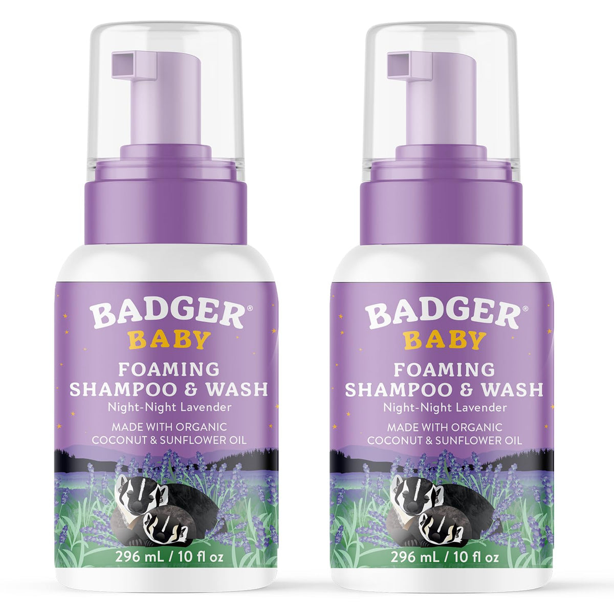Badger foaming baby shampoo bottle with pump for easy bath-time cleansing.
