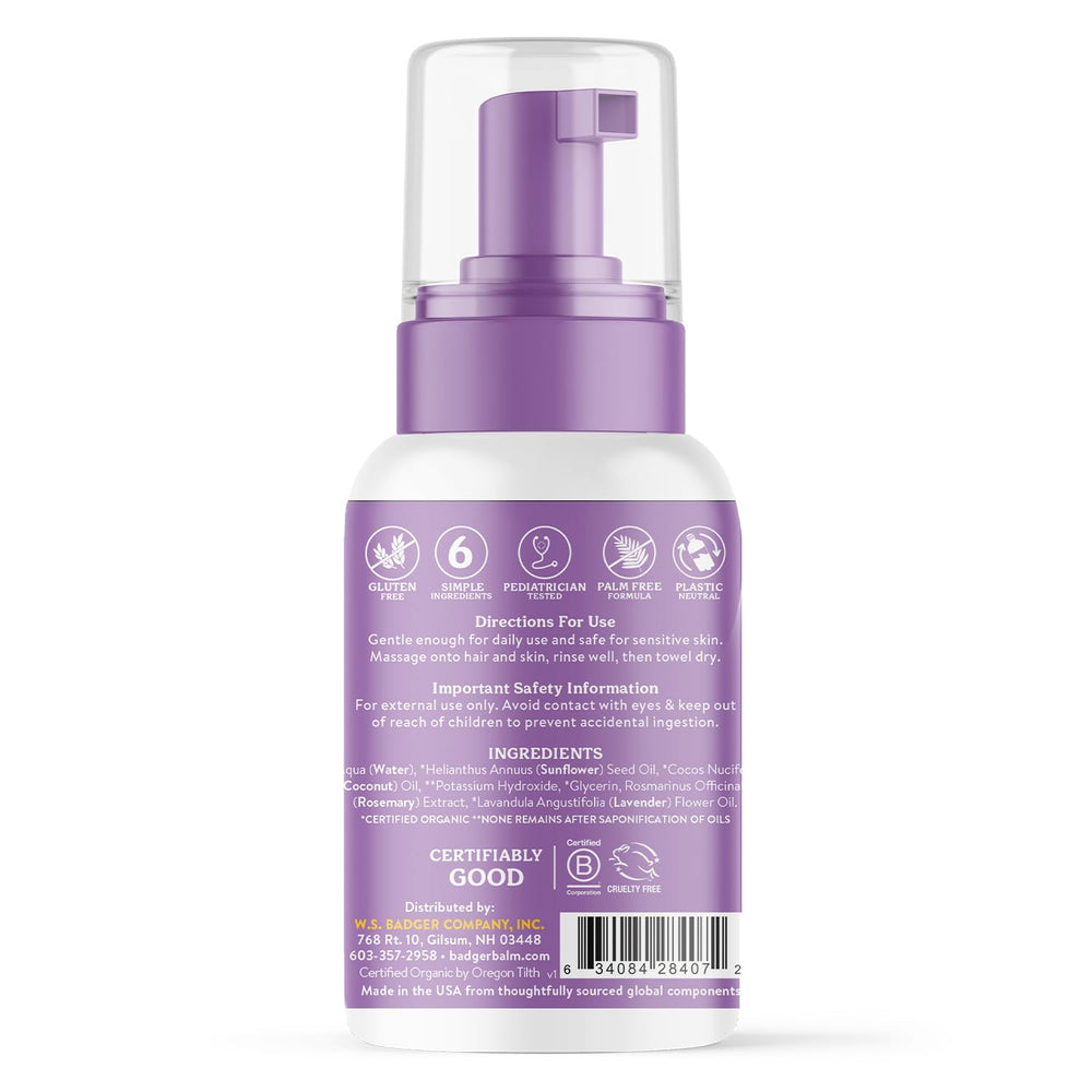 Badger foaming baby shampoo foamy lather demonstrates gentle cleansing for delicate skin.