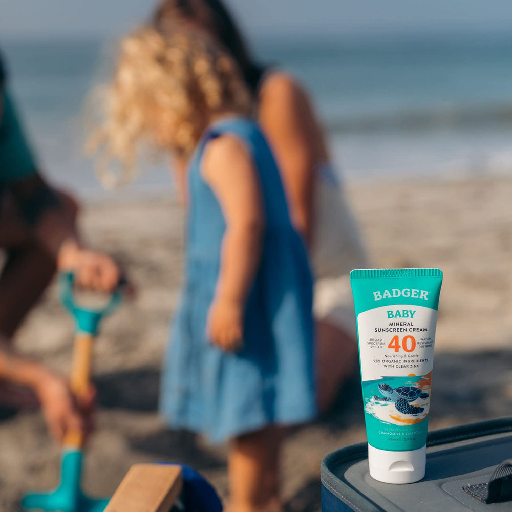 Badger sunscreen ingredients close-up showing zinc oxide and oils
